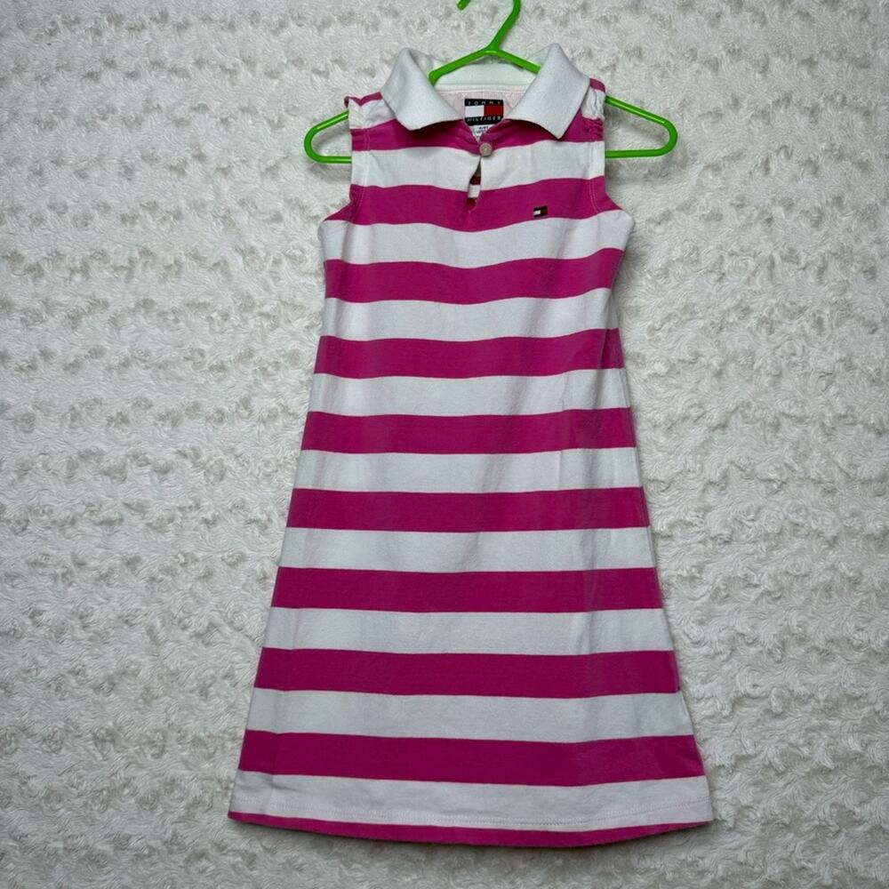 Vintage Tommy Hilfiger pink white striped sleeveless summer collared dress 4